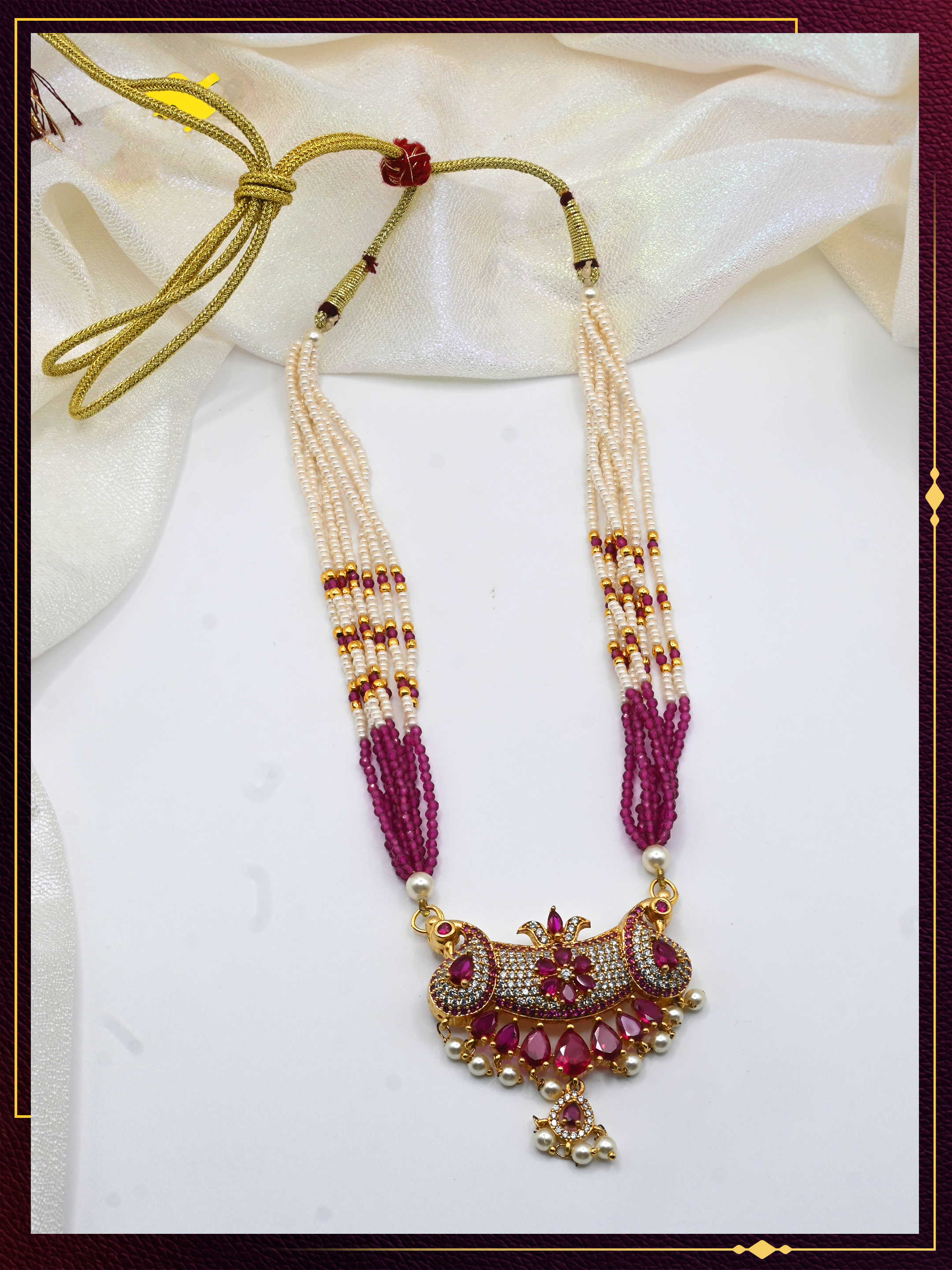 Moti Long Necklace with Pink and Gold Accents