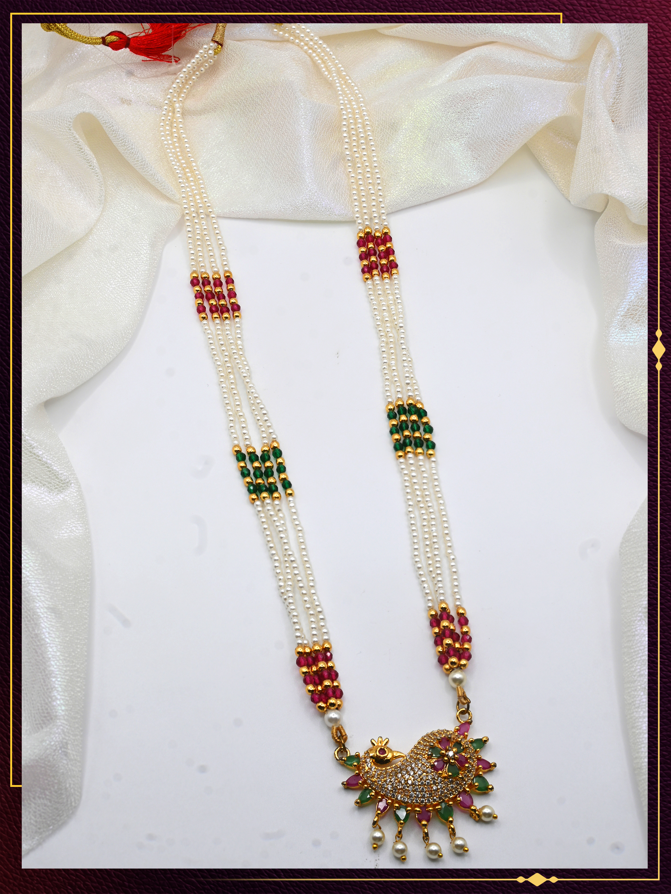 Moti Long Necklace with Green and Pink Bead Detailing