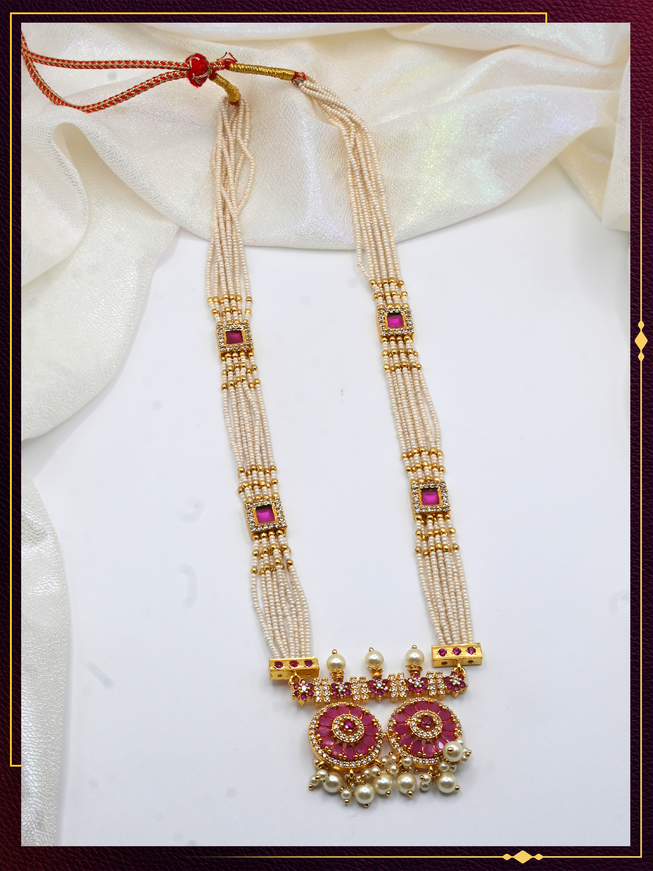 Moti Long Necklace with Pink Stone